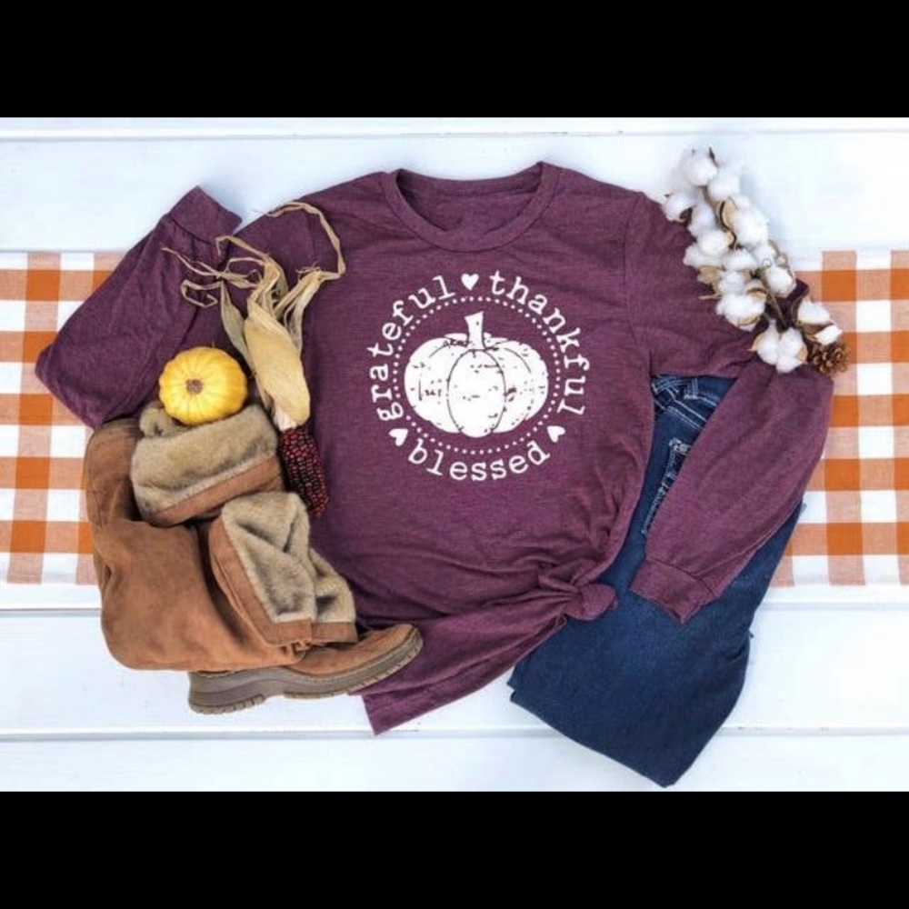 Maroon Long-Sleeve “Grateful, Thankful, Blessed” Tee